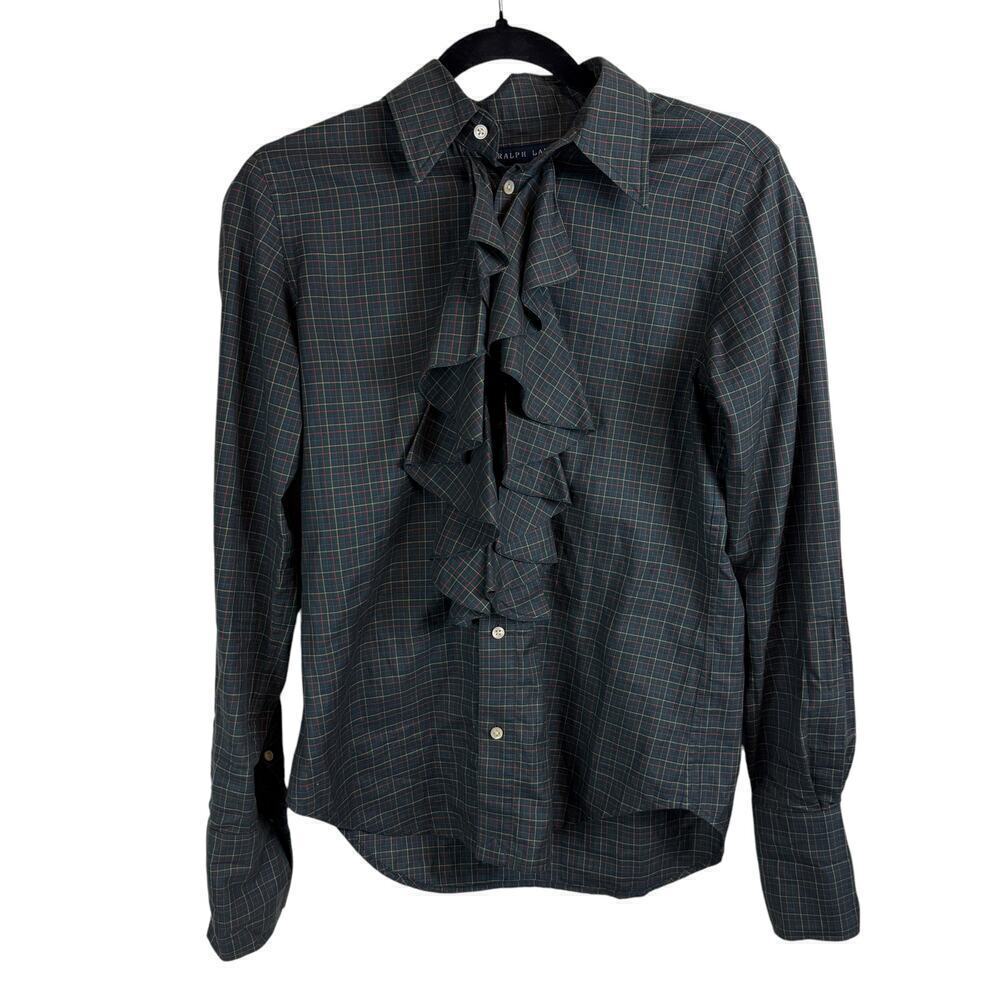 Ralph Lauren Blue Label Glen Cotton Plaid Ruffle Front Button Up Blouse Green 6